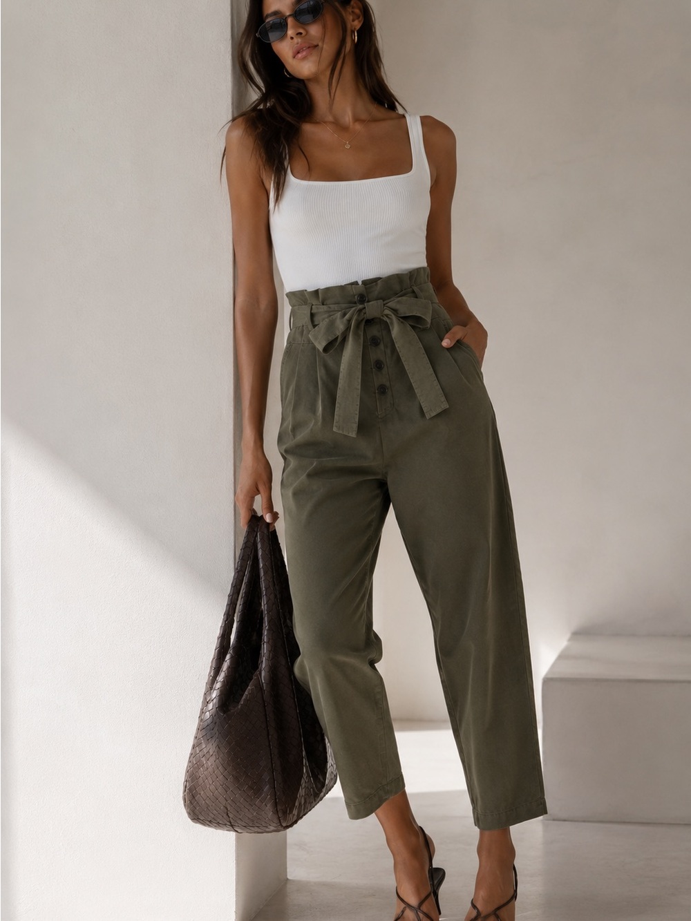 ALC Krew Pants in Oregano High Waist Paperbag Pants w Tie Belt - Olive Green 10